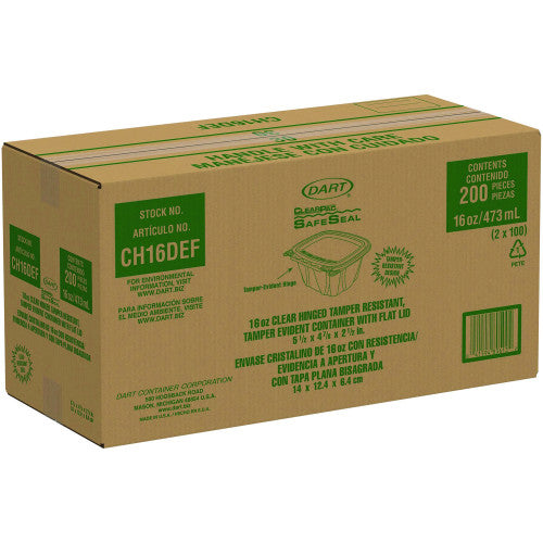 Dart ClearPac SafeSeal Tamper-Resistant/Evident Containers, Flat Lid, 16 oz, 4.9 x 2.5 x 5.5, Clear, Plastic, 100/Bag, 2 Bags/CT (CH16DEF)