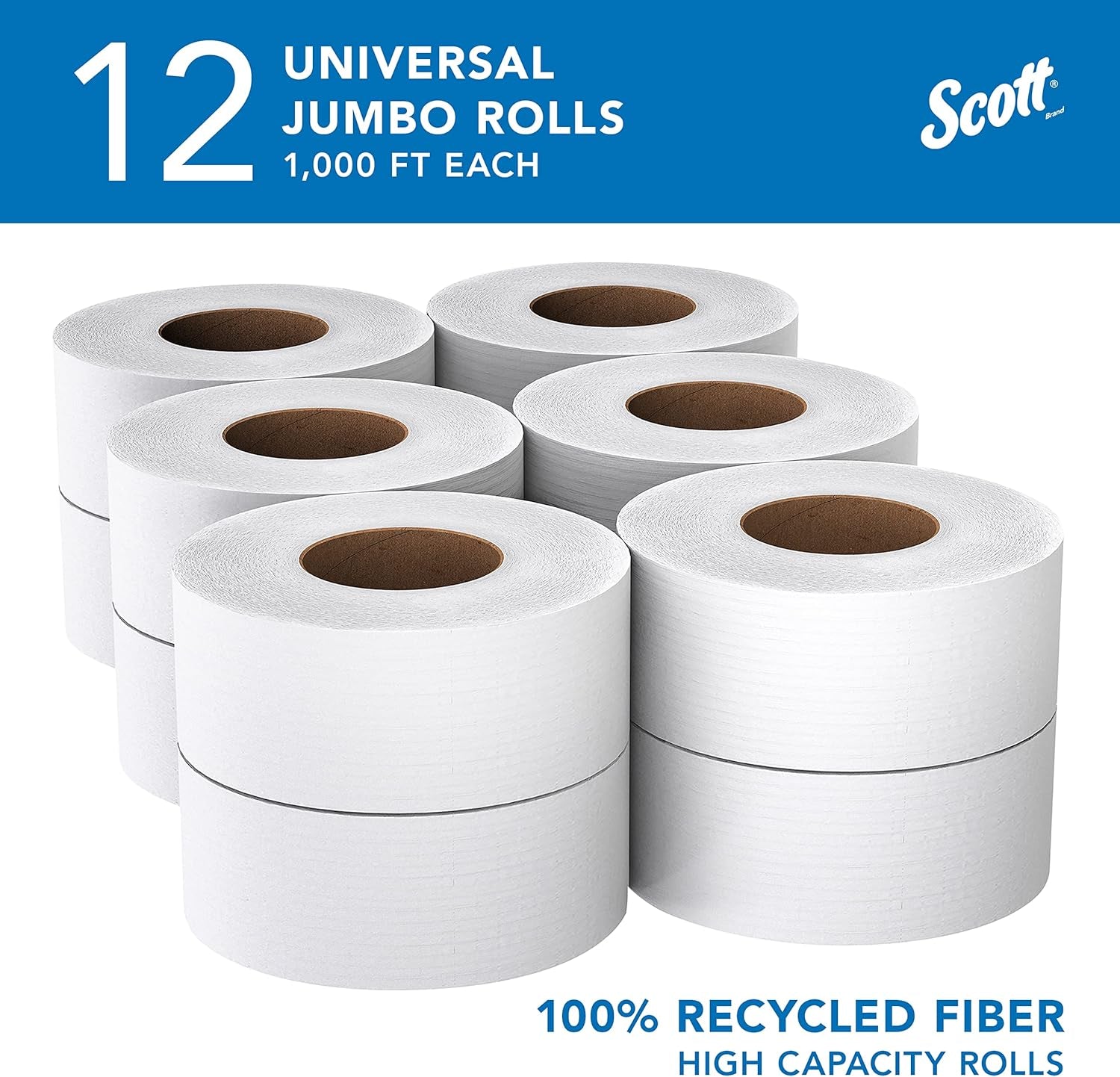 100% Recycled Fiber High-Capacity Jumbo Roll Bulk Toilet Paper (67805), 2-Ply, White, Non-Perforated (12 Rolls at 1,000' Each, 12,000'/Case)