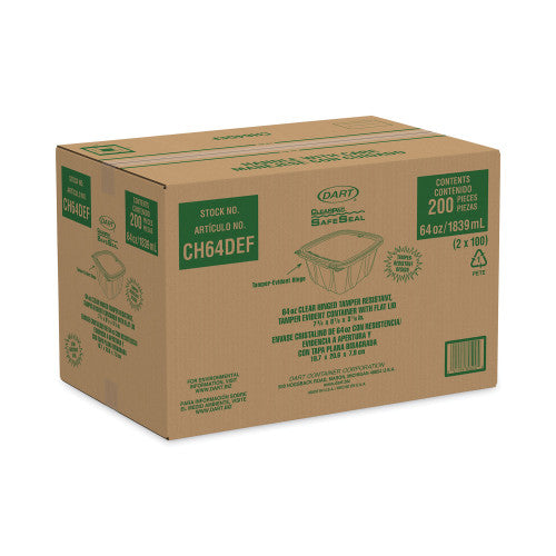 Dart ClearPac SafeSeal Tamper-Resistant/Evident Containers, Flat Lid, 64 oz, 8.1 x 7.8 x 3.3, Clear, Plastic, 100/Bag, 2 Bags/CT (CH64DEF)