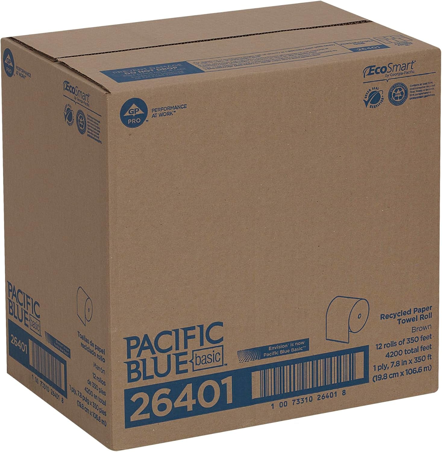 Pacific Blue Basic Recycled Paper Towel Roll by GP PRO (), Brown, 26401, 350 Feet per Roll, 12 Rolls per Case