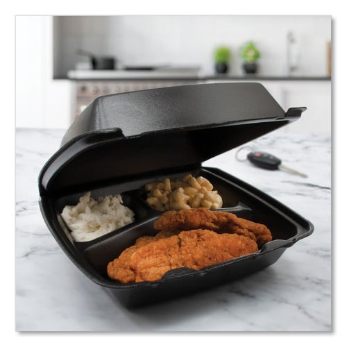 Dart Insulated Foam Hinged Lid Containers, 3 Compartments, 7.96 x 3.2 x 8.36, Black, Foam, 200/Carton (85HTB3R)