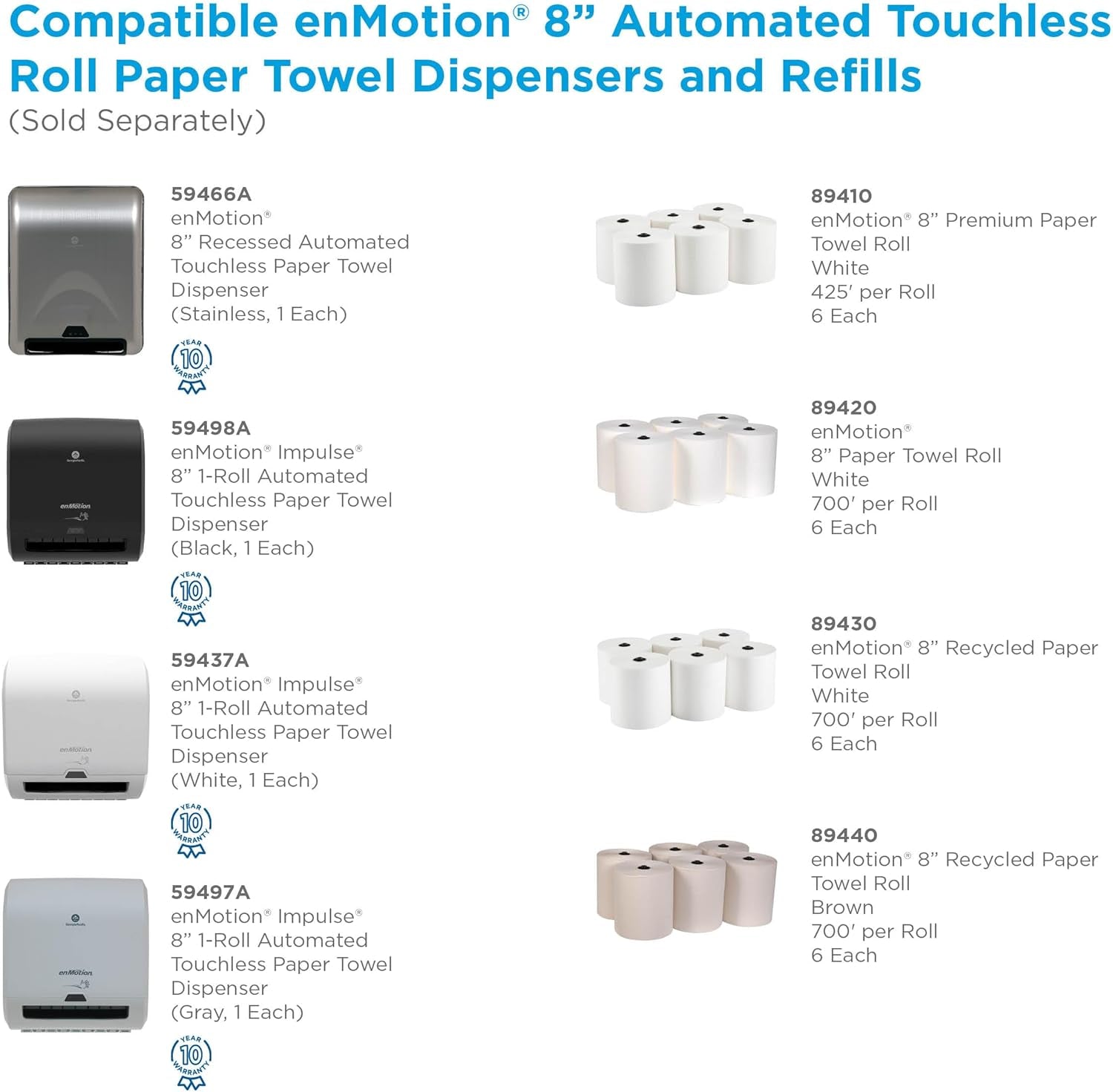 Enmotion 8" Recycled Paper Towel Rolls by GP PRO, White, 700 Feet per Roll, 6 Bulk Paper Towel Rolls per Case, 89430