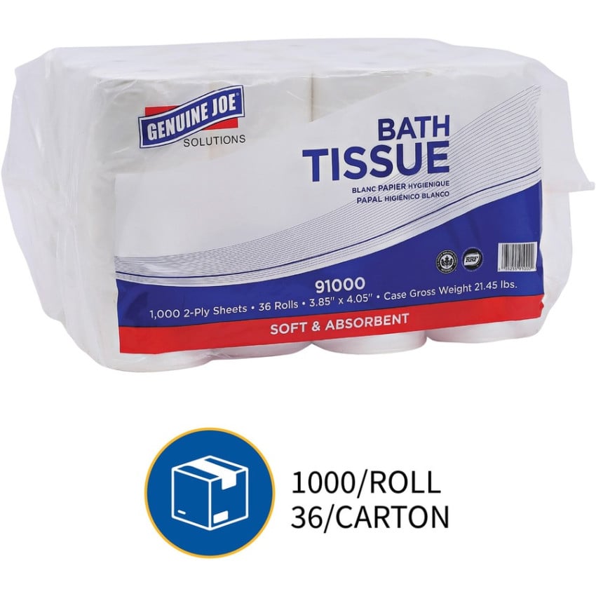 Genuine Joe® Standard Toilet Paper, 2-Ply,, 1,000 Sheets, 36 Rolls (GJO91000)