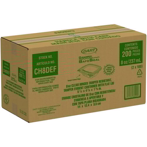 Dart ClearPac SafeSeal Tamper-Resistant/Evident Containers, Flat Lid, 8 oz, 4.9 x 1.4 x 5.5, Clear, Plastic, 100/Bag, 2 Bags/CT (CH8DEF)
