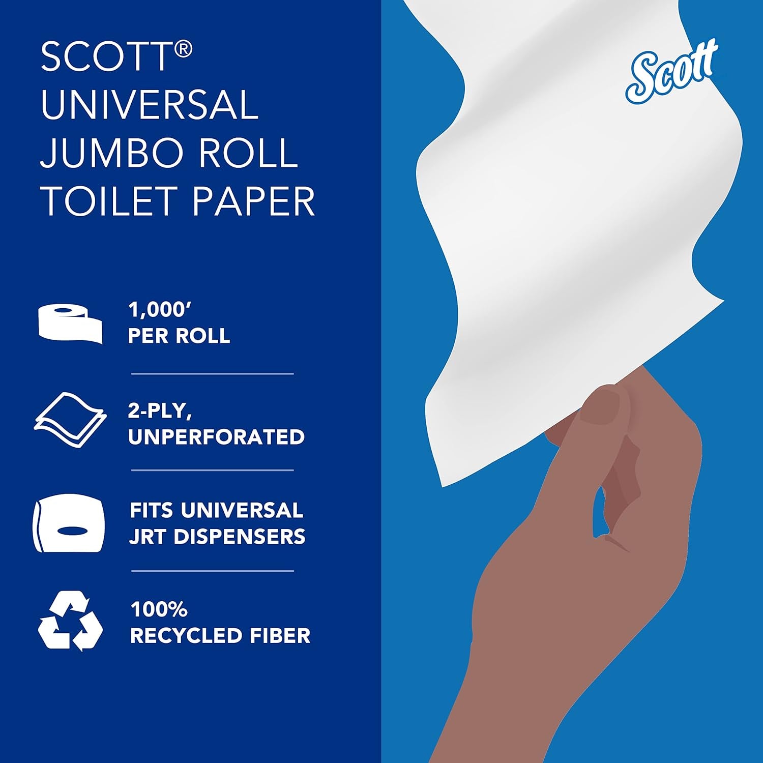 100% Recycled Fiber High-Capacity Jumbo Roll Bulk Toilet Paper (67805), 2-Ply, White, Non-Perforated (12 Rolls at 1,000' Each, 12,000'/Case)