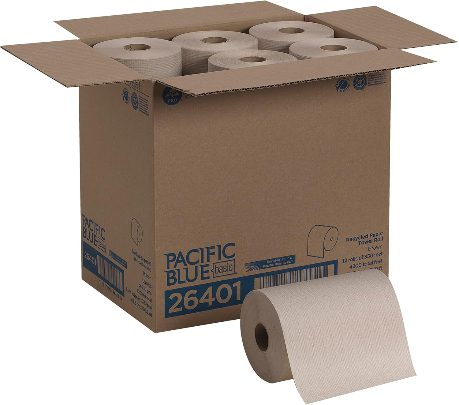 Pacific Blue Basic Recycled Paper Towel Roll by GP PRO (), Brown, 26401, 350 Feet per Roll, 12 Rolls per Case