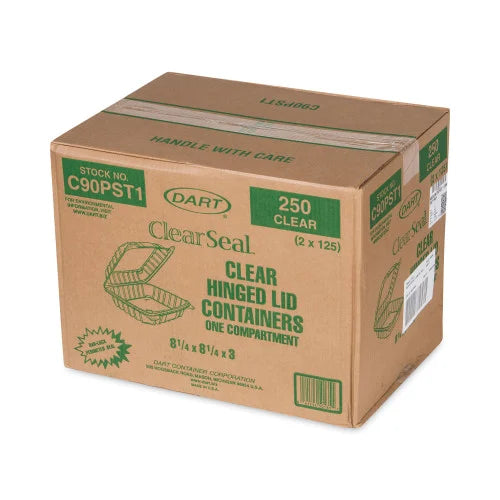 Dart ClearSeal Hinged-Lid Plastic Containers, 8.3 x 8.3 x 3, Clear, Plastic, 250/Carton (C90PST1)