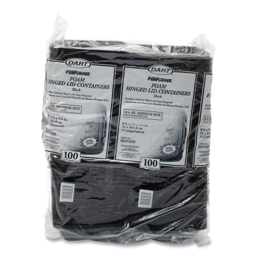Dart Insulated Foam Hinged Lid Containers, 3 Compartments, 7.96 x 3.2 x 8.36, Black, Foam, 200/Carton (85HTB3R)