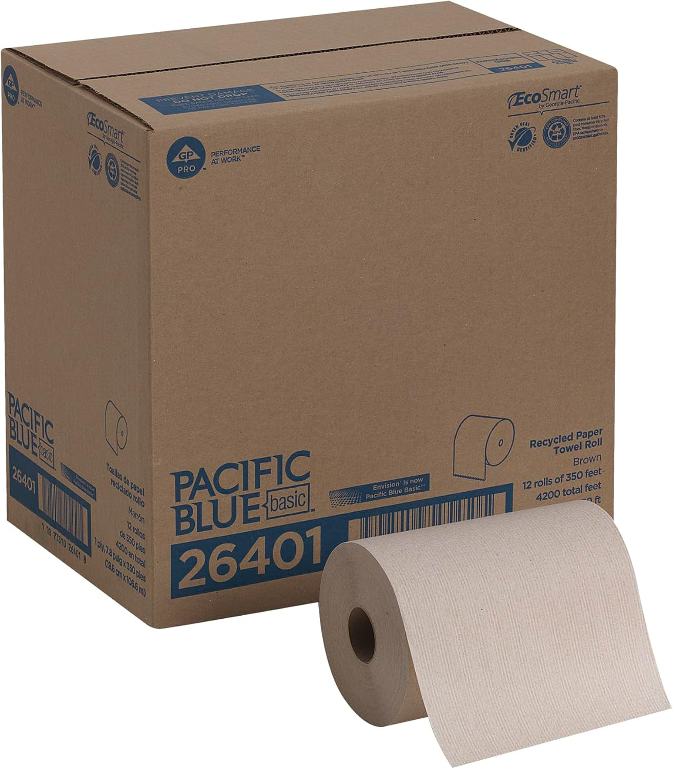 Pacific Blue Basic Recycled Paper Towel Roll by GP PRO (), Brown, 26401, 350 Feet per Roll, 12 Rolls per Case