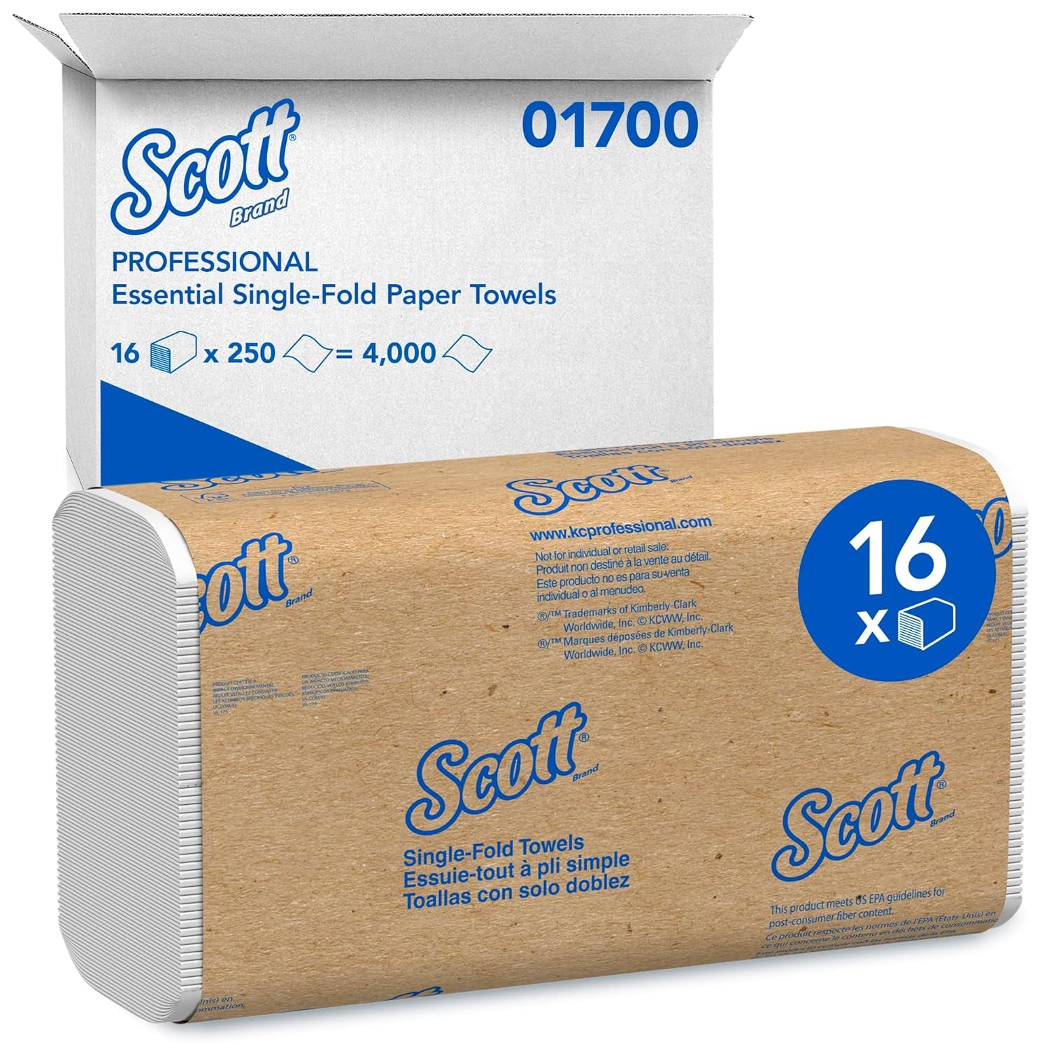 Essential Single-Fold Paper Towels, Bulk (01700), White (250 Sheets/Pack, 16 Packs/Case, 4,000 Sheet Total)