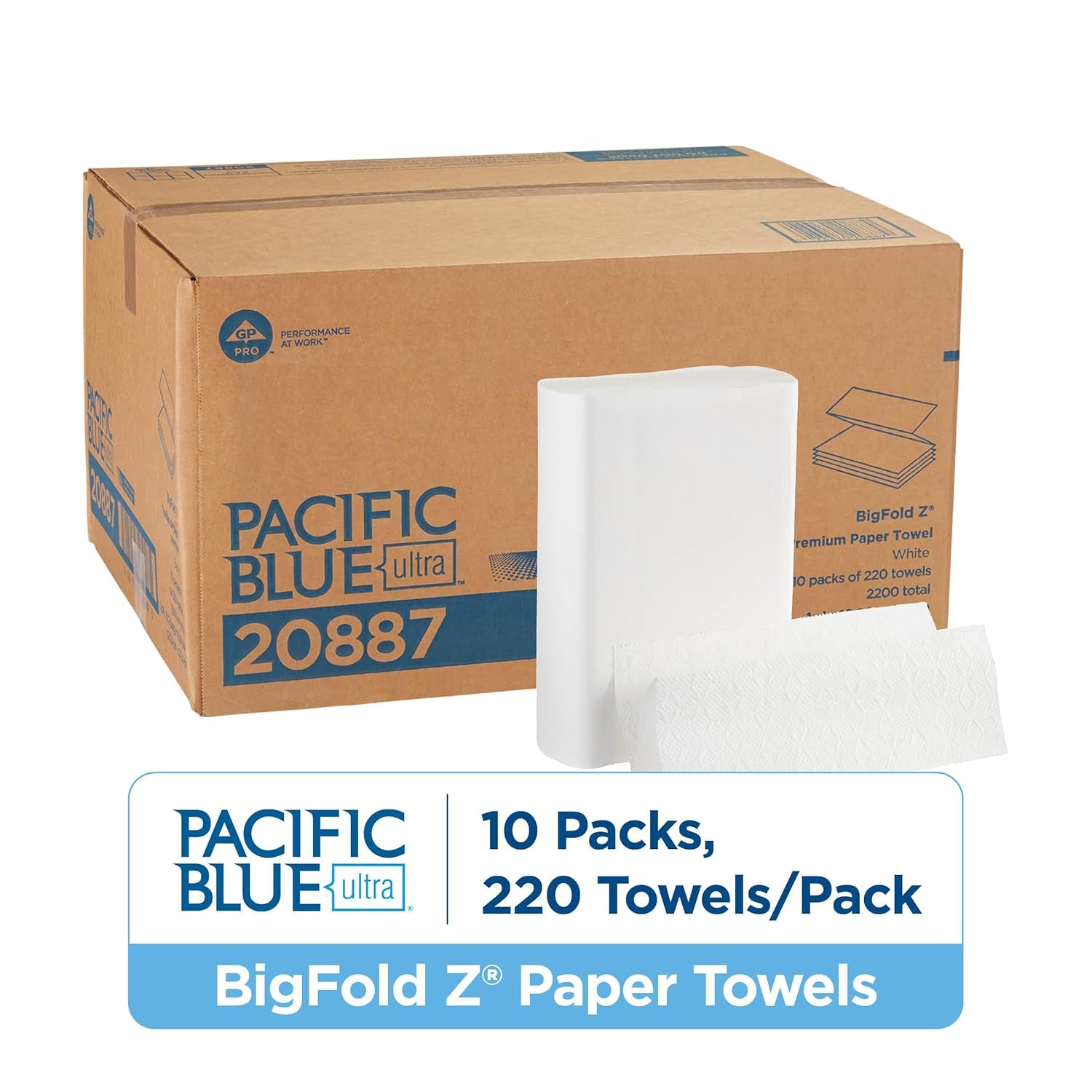 Pacific Blue Ultra Big Z-Fold Paper Towels by GP PRO (), White, 20887, 220 Paper Towels per Pack, 10 Packs per Case (2200 Total), 10.20'' X 10.80